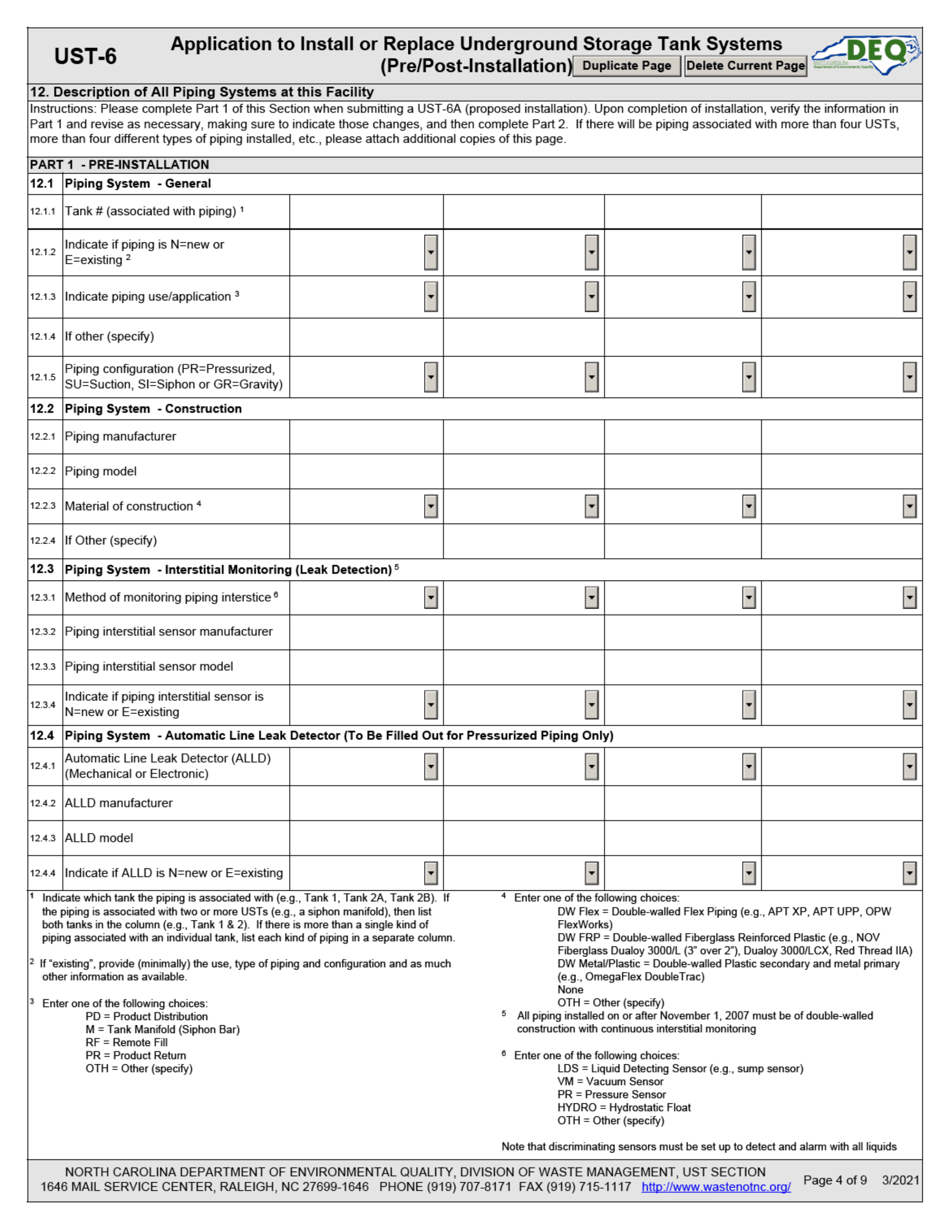 Form UST-6 Application to Install or Replace Underground Storage Tank Systems (Pre / Post-installation) - North Carolina, Page 4
