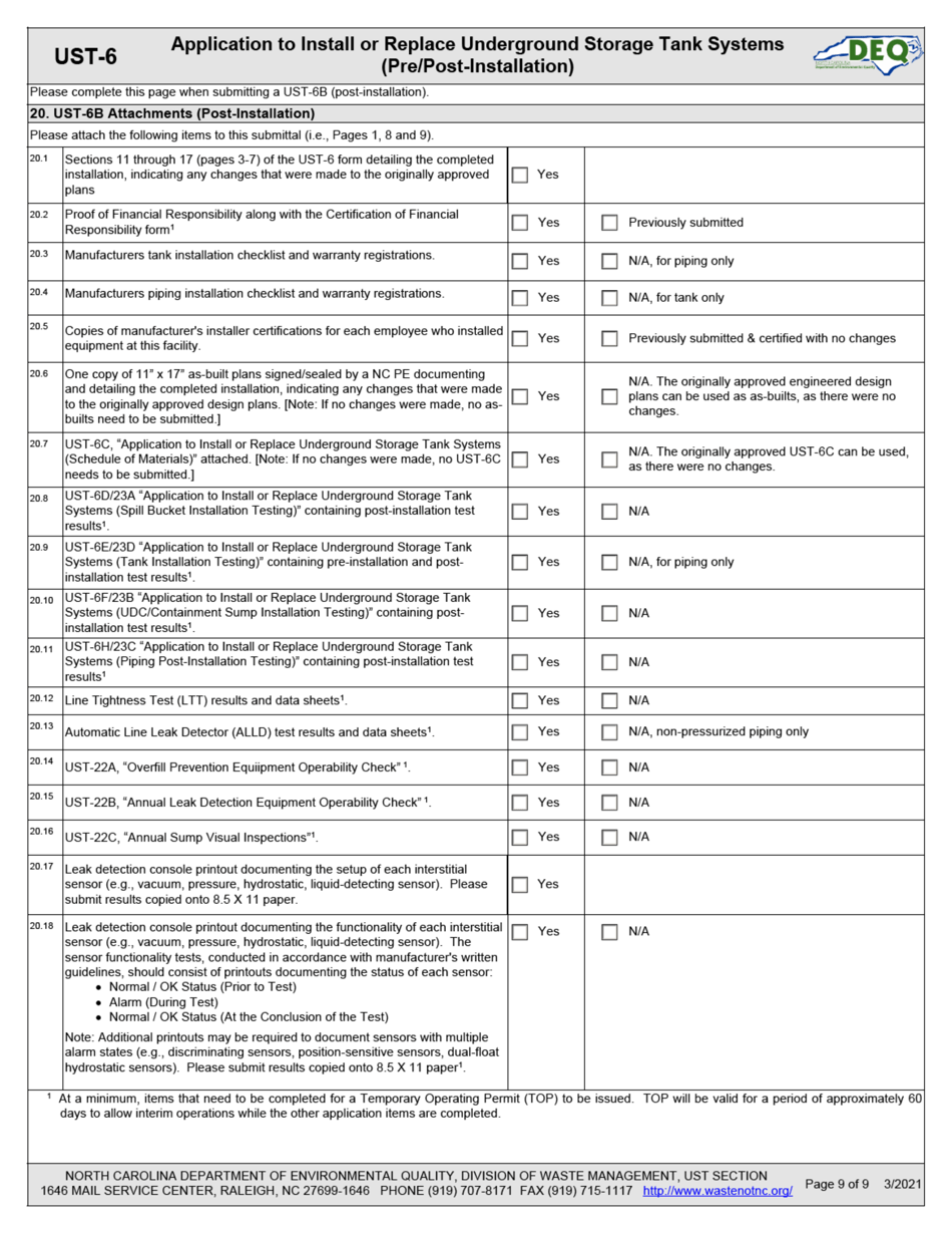 Form UST-6 Application to Install or Replace Underground Storage Tank Systems (Pre / Post-installation) - North Carolina, Page 9