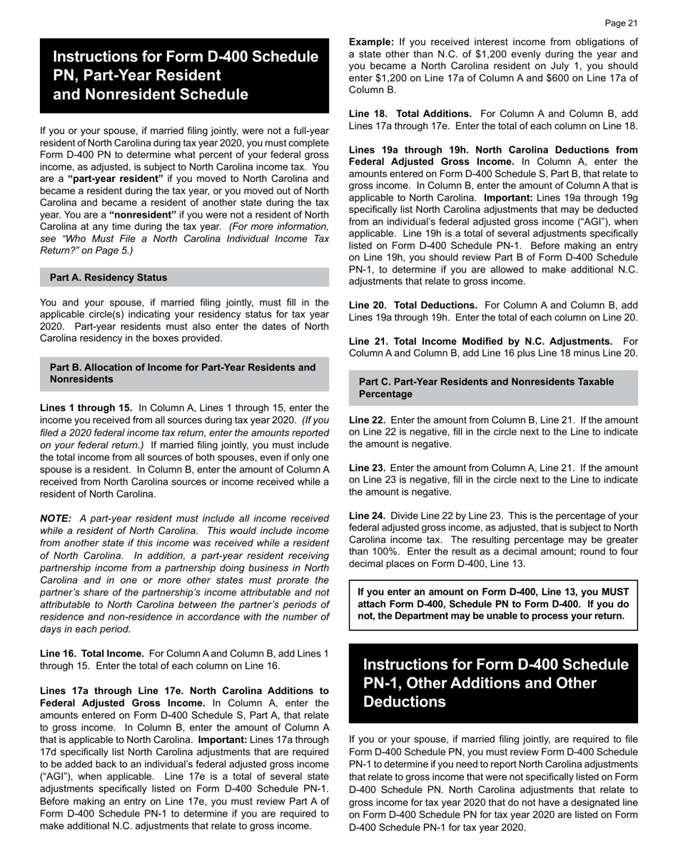 Instructions for Form D-400, D-400TC Schedule 3, A, AM, PN, PN-1 - North Carolina, Page 23