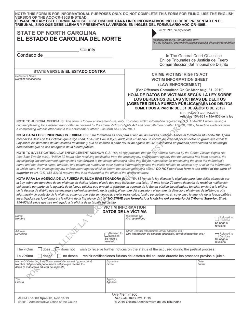 Form AOC-CR-180B Crime Victims Rights Act Victim Information Sheet (Law Enforcement) (For Offenses Committed on or After Aug. 31, 2019) - North Carolina (English / Spanish), Page 1