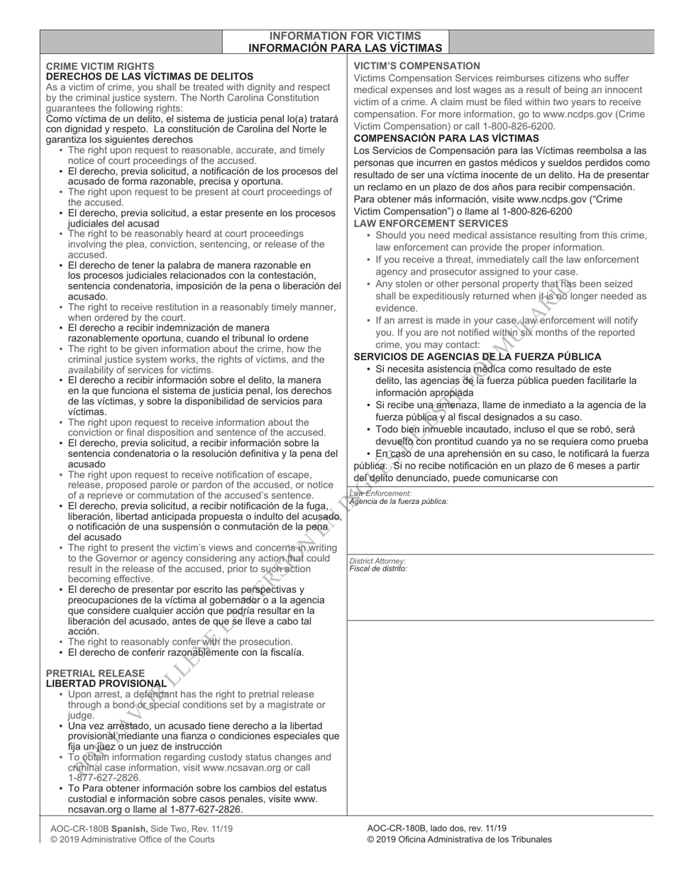 Form AOC-CR-180B Crime Victims Rights Act Victim Information Sheet (Law Enforcement) (For Offenses Committed on or After Aug. 31, 2019) - North Carolina (English / Spanish), Page 4