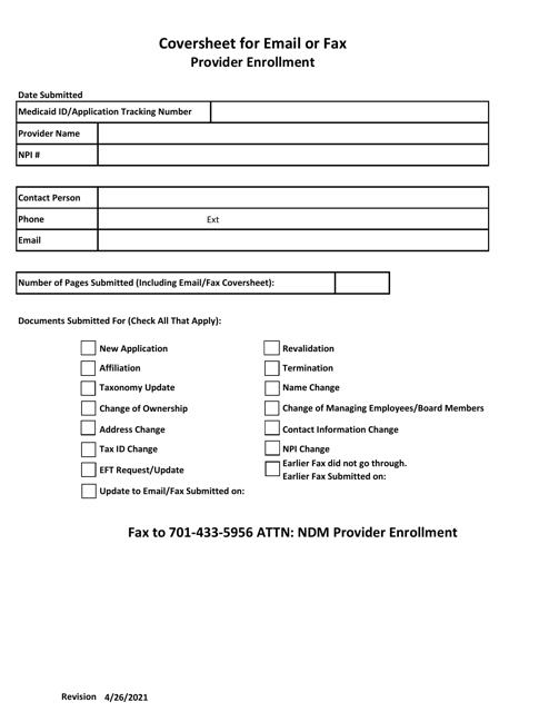 Coversheet for Email or Fax Provider Enrollment - North Dakota Download Pdf