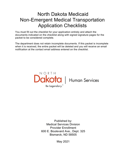 Non-emergent Medical Transportation Application Checklists - North Dakota Download Pdf