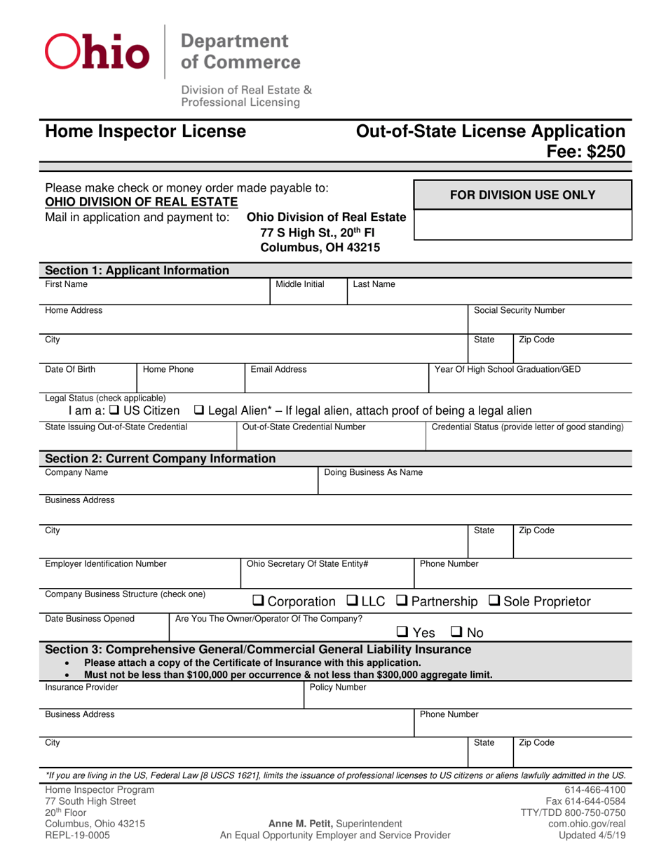 Form REPL-19-0005 Out-of-State Home Inspector Application - Ohio, Page 3