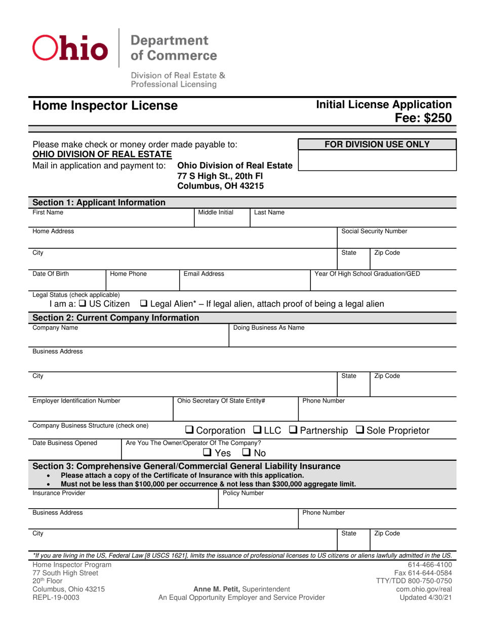 Form REPL-19-0003 In-state Home Inspector Application - Ohio, Page 3