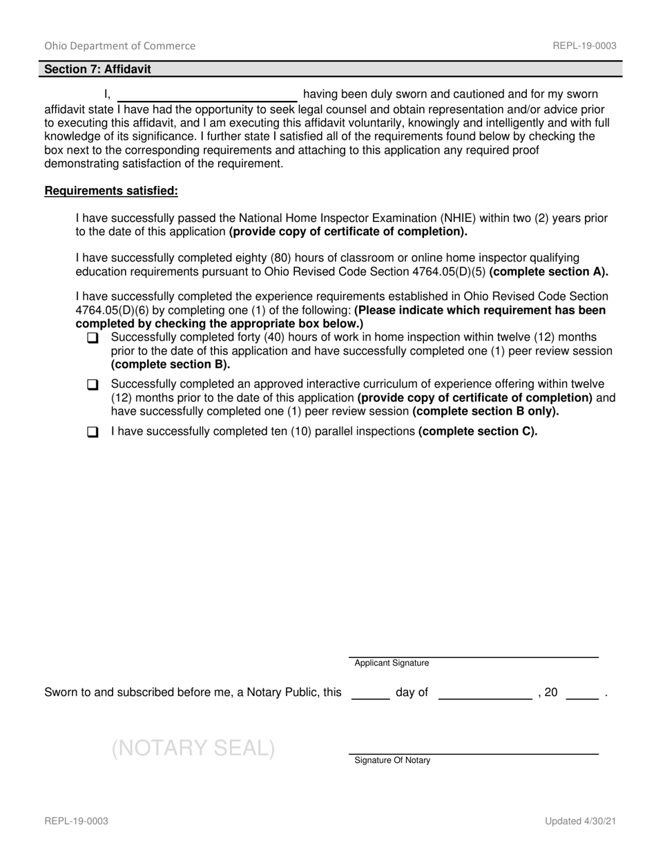Form REPL-19-0003 In-state Home Inspector Application - Ohio, Page 5