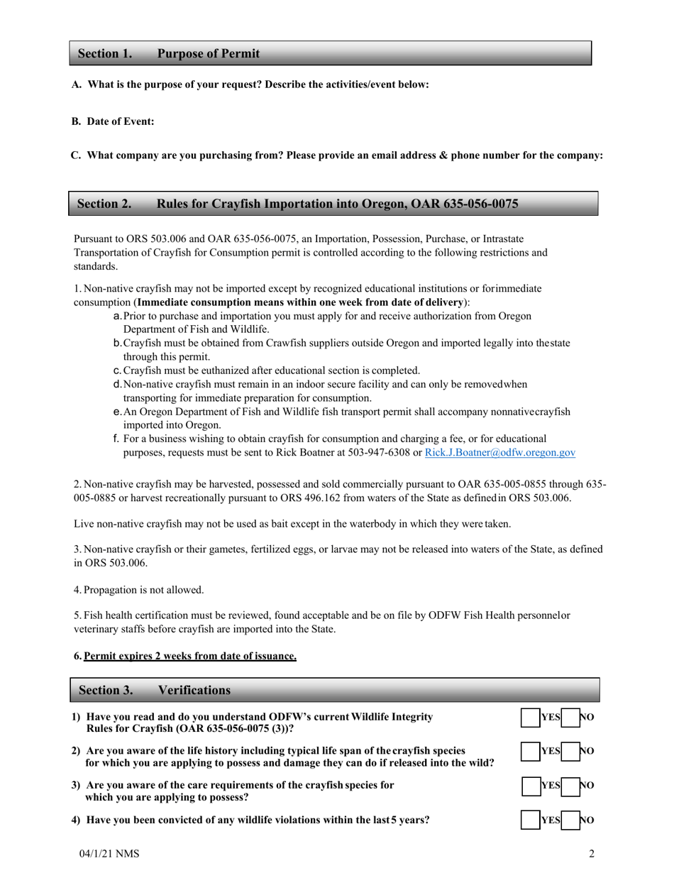 Permit Application for the Importation, Possession, Purchase, or Intrastate Transport of Crayfish for Consumption - Oregon, Page 2