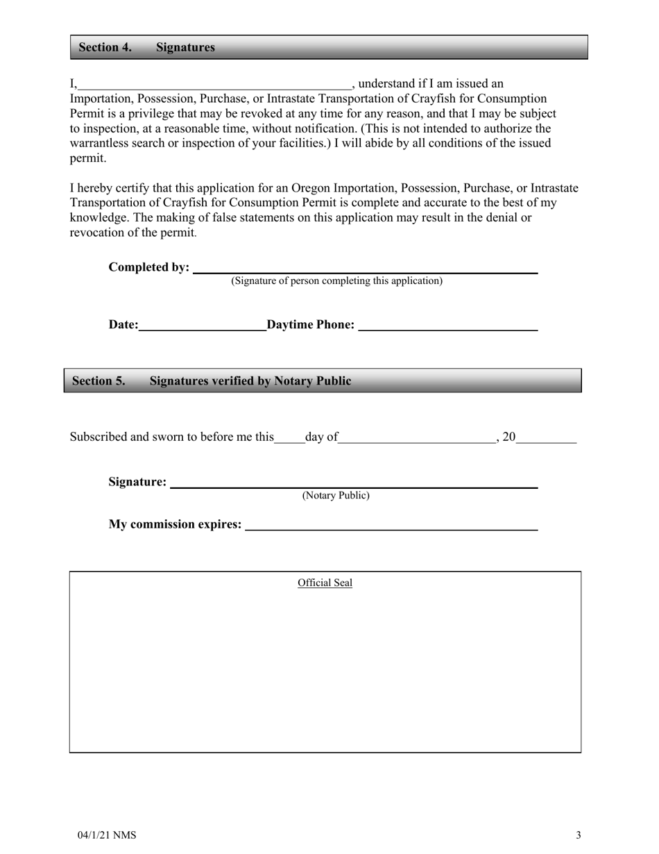 Permit Application for the Importation, Possession, Purchase, or Intrastate Transport of Crayfish for Consumption - Oregon, Page 3