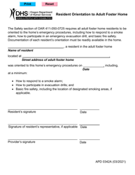 Document preview: Form APD0342A Resident Orientation to Adult Foster Home - Oregon
