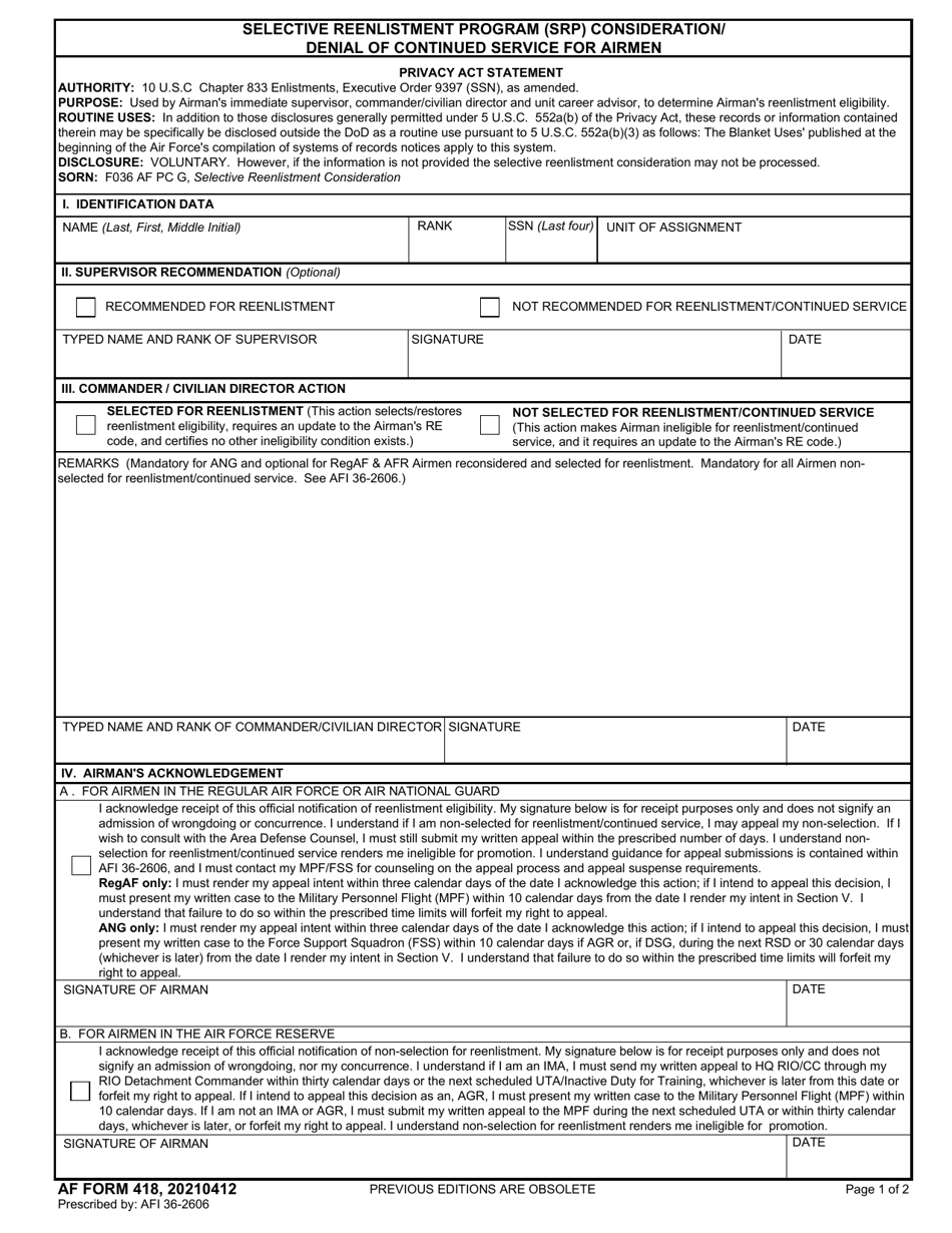 AF Form 418 Selective Reenlistment Program (SRP) Consideration / Denial of Continued Service for Airmen, Page 1