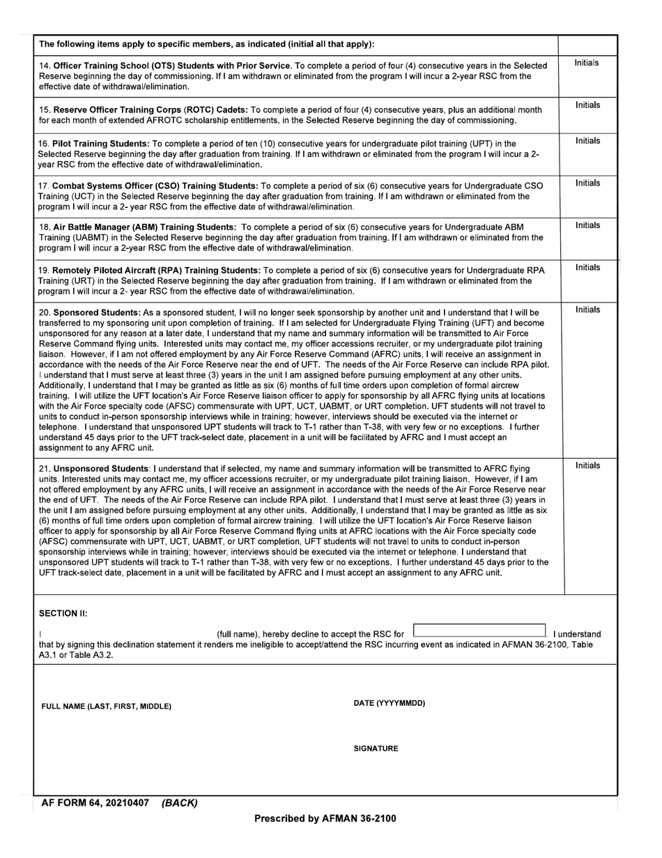AF Form 64 Reserve Service Commitment Acknowledgement / Declination, Page 2