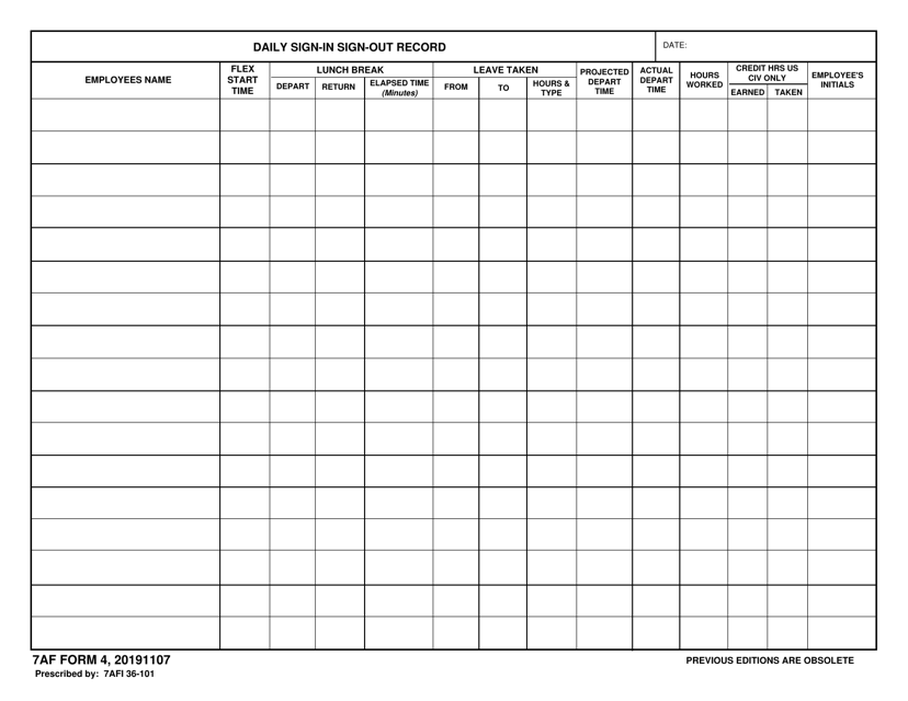 7 AF Form 4 Daily Sign-In Sign-Out Record