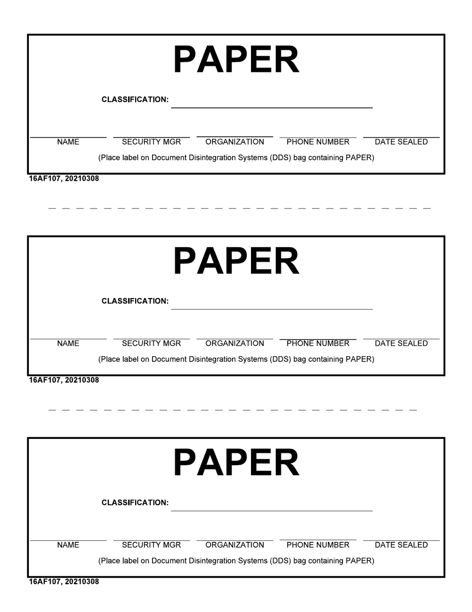 16 AF Form 107 Shred Bag Label - Paper, Page 1