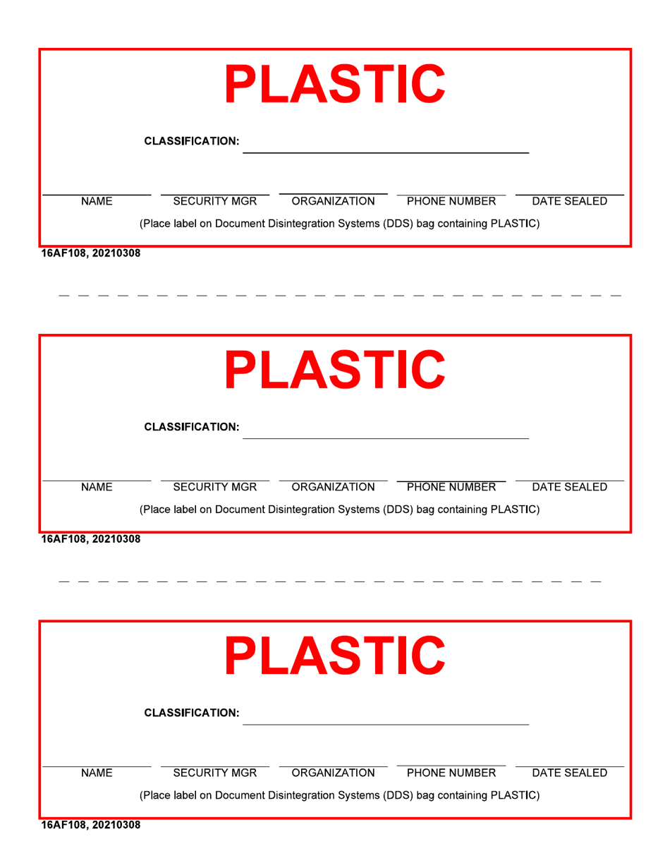 16 AF Form 108 Shred Bag Label - Plastic, Page 1