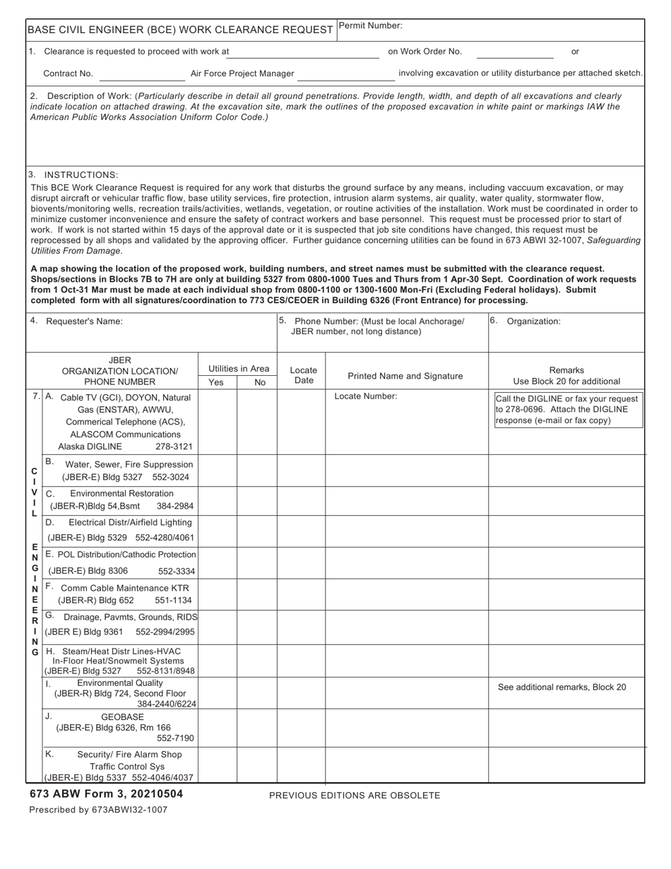 673 ABW Form 3 Base Civil Engineer (BCE) Work Clearance Request, Page 1