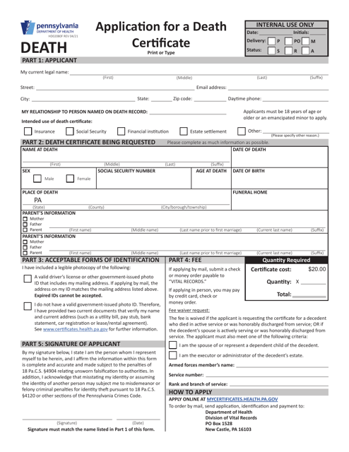 Form HD02080F Application for a Death Certificate - Pennsylvania