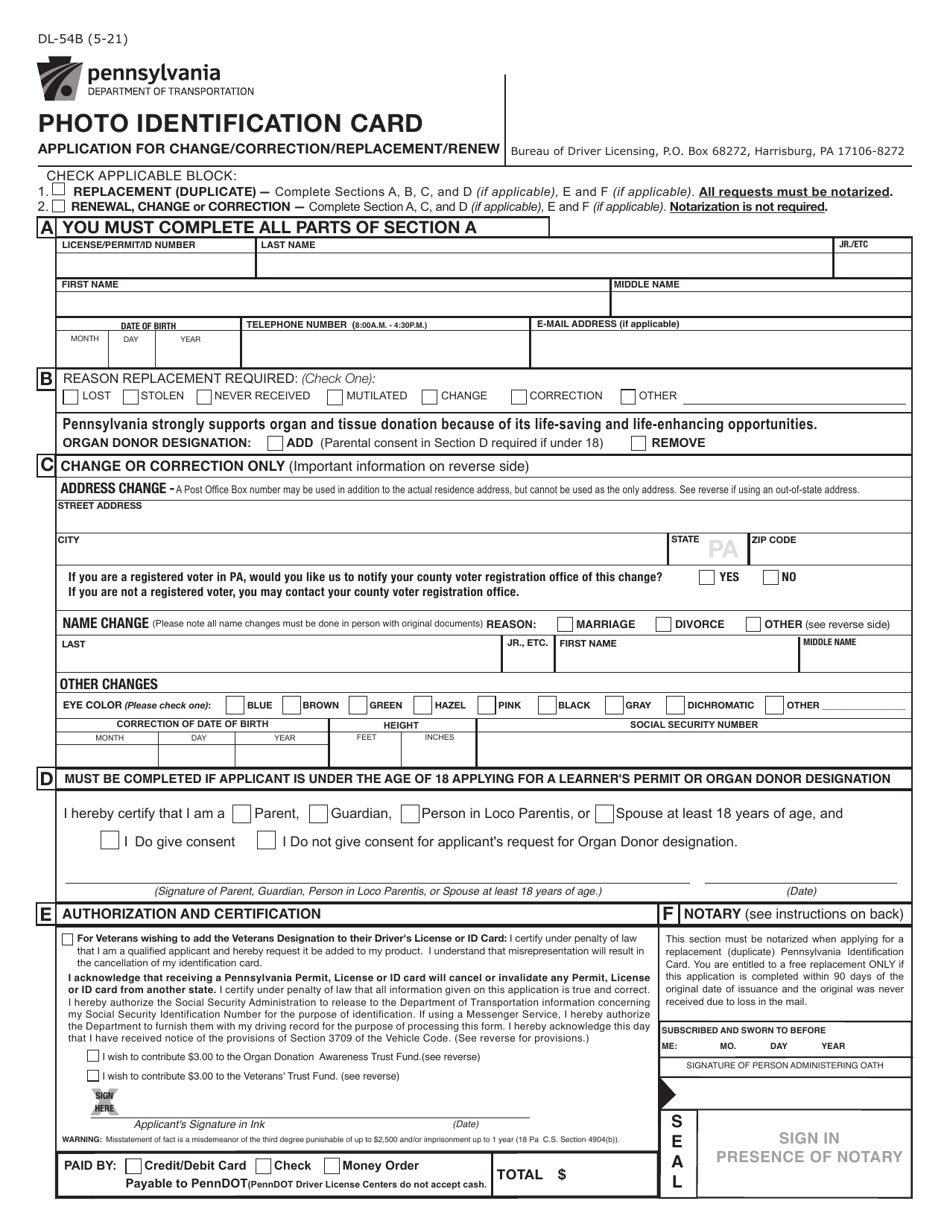 Form DL-54B Photo Identification Card - Application for Change/Correction/Replacement/Renew - Pennsylvania, Page 1