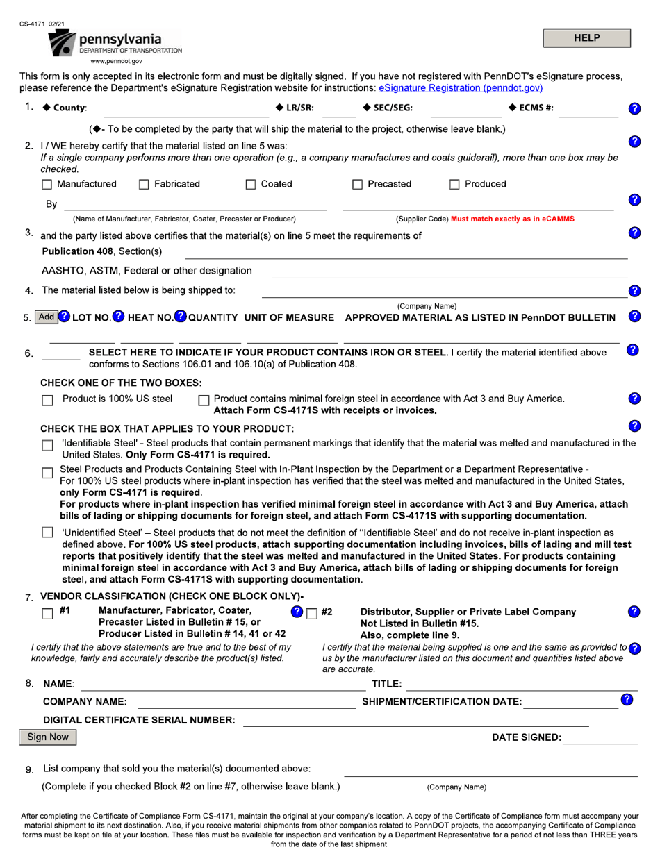 Form CS-4171 Certificate of Compliance - Pennsylvania, Page 1