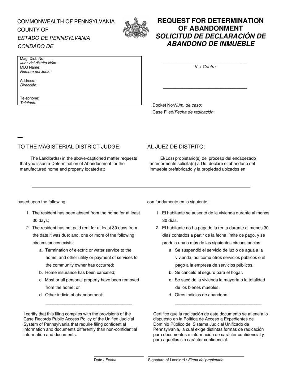 Request for Determination of Abandonment - Pennsylvania (English / Spanish), Page 1
