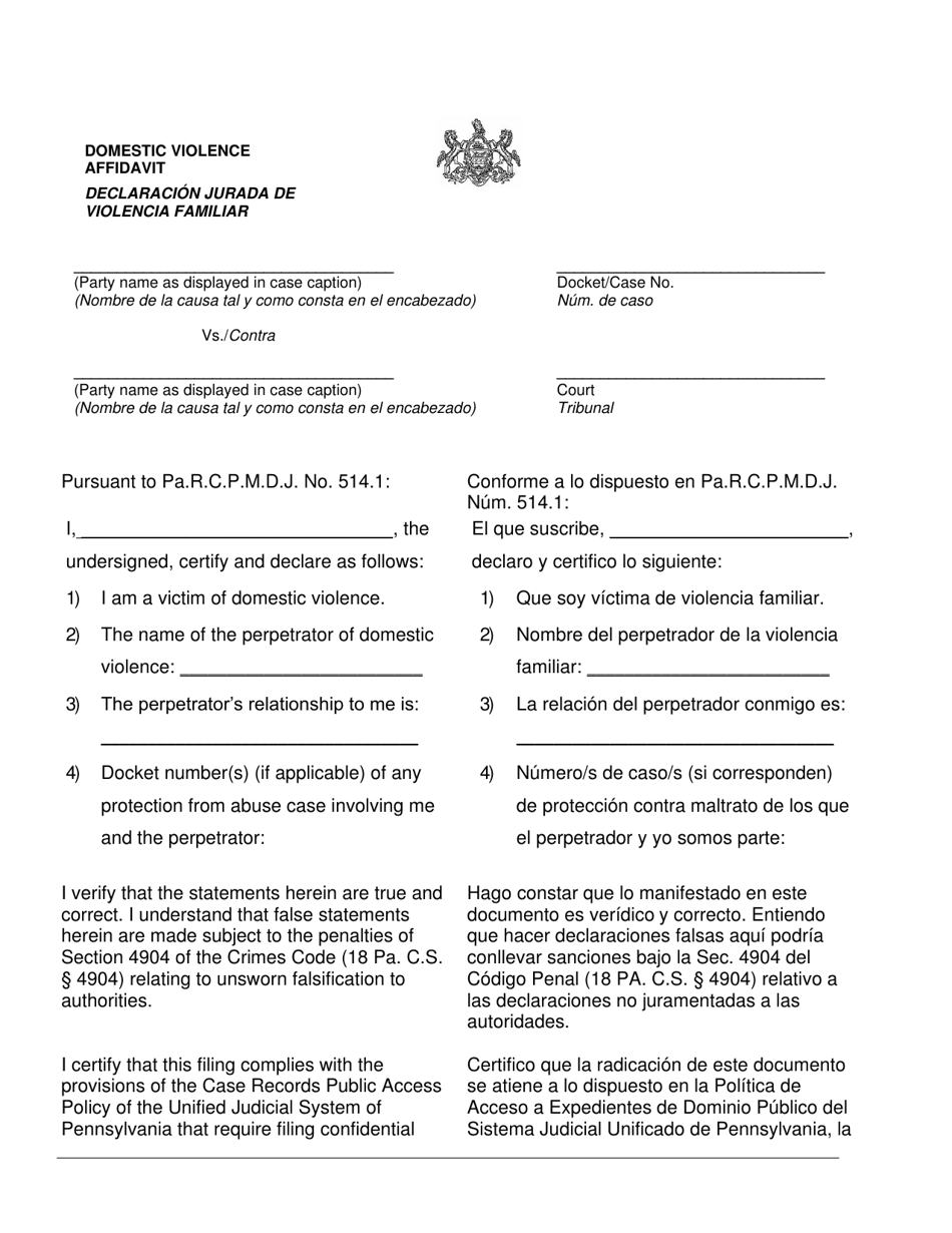 Pennsylvania Domestic Violence Affidavit (English/Spanish) Fill Out