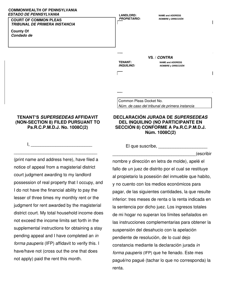 Form AOPC312-08 (B) Tenants Supersedeas Affidavit (Non-section 8) Filed Pursuant to Pa.r.c.p.m.d.j. No. 1008c(2) - Pennsylvania (English / Spanish), Page 1