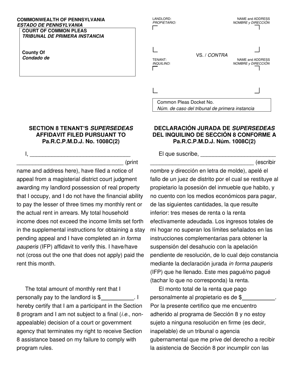 Form AOPC312-08 (A) Section 8 Tenant's Supersedeas Affidavit Filed Pursuant to Pa.r.c.p.m.d.j. No. 1008c(2) - Pennsylvania (English/Spanish), Page 1