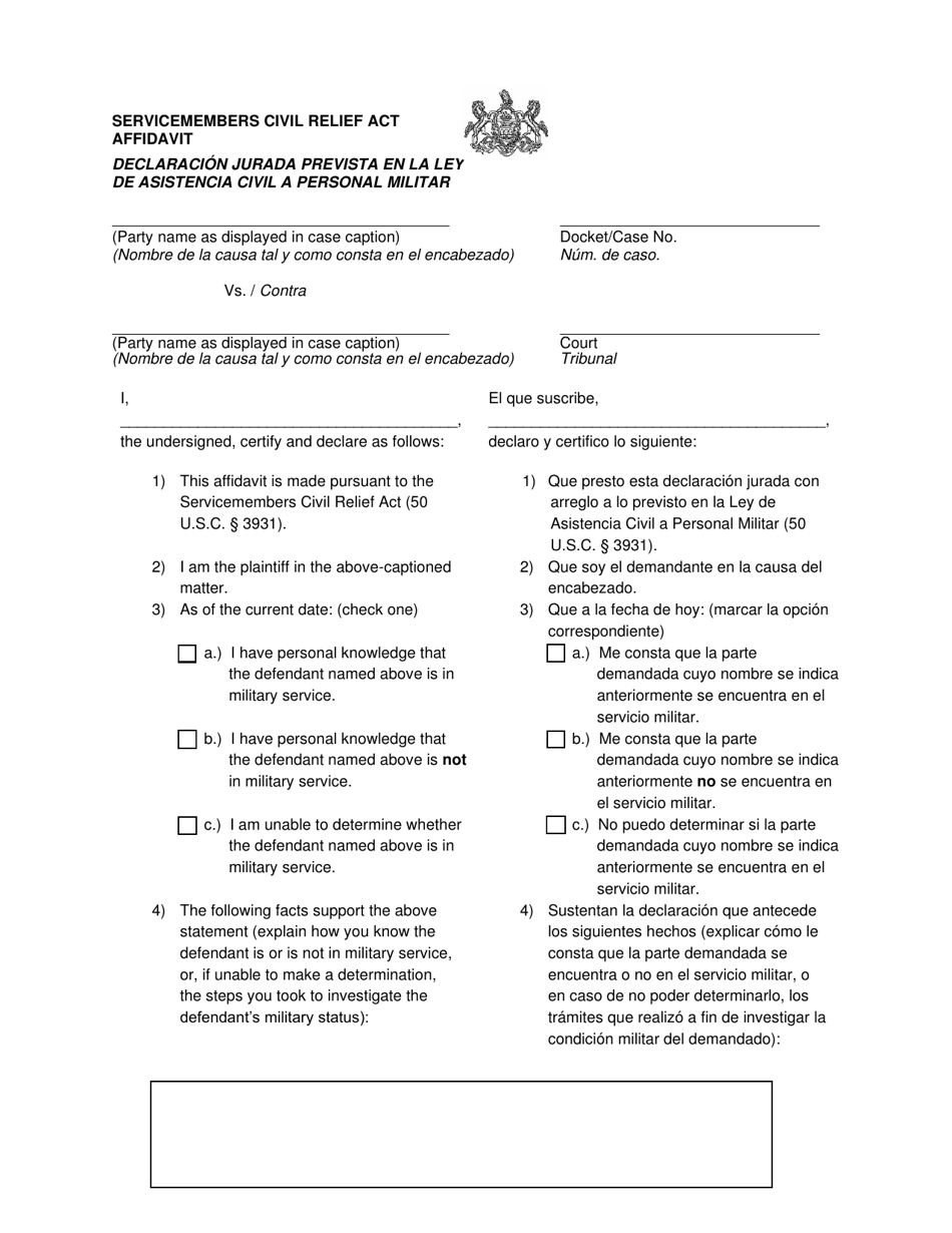 Servicemembers Civil Relief Act Affidavit - Pennsylvania (English / Spanish), Page 1