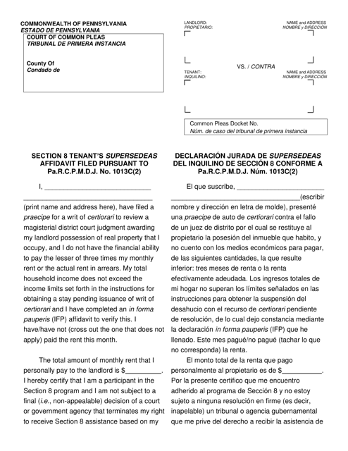 Form AOPC312-08 (C) Section 8 Tenant's Supersedeas Affidavit Filed Pursuant to Pa.r.c.p.m.d.j. No. 1013c(2) - Pennsylvania (English/Spanish)