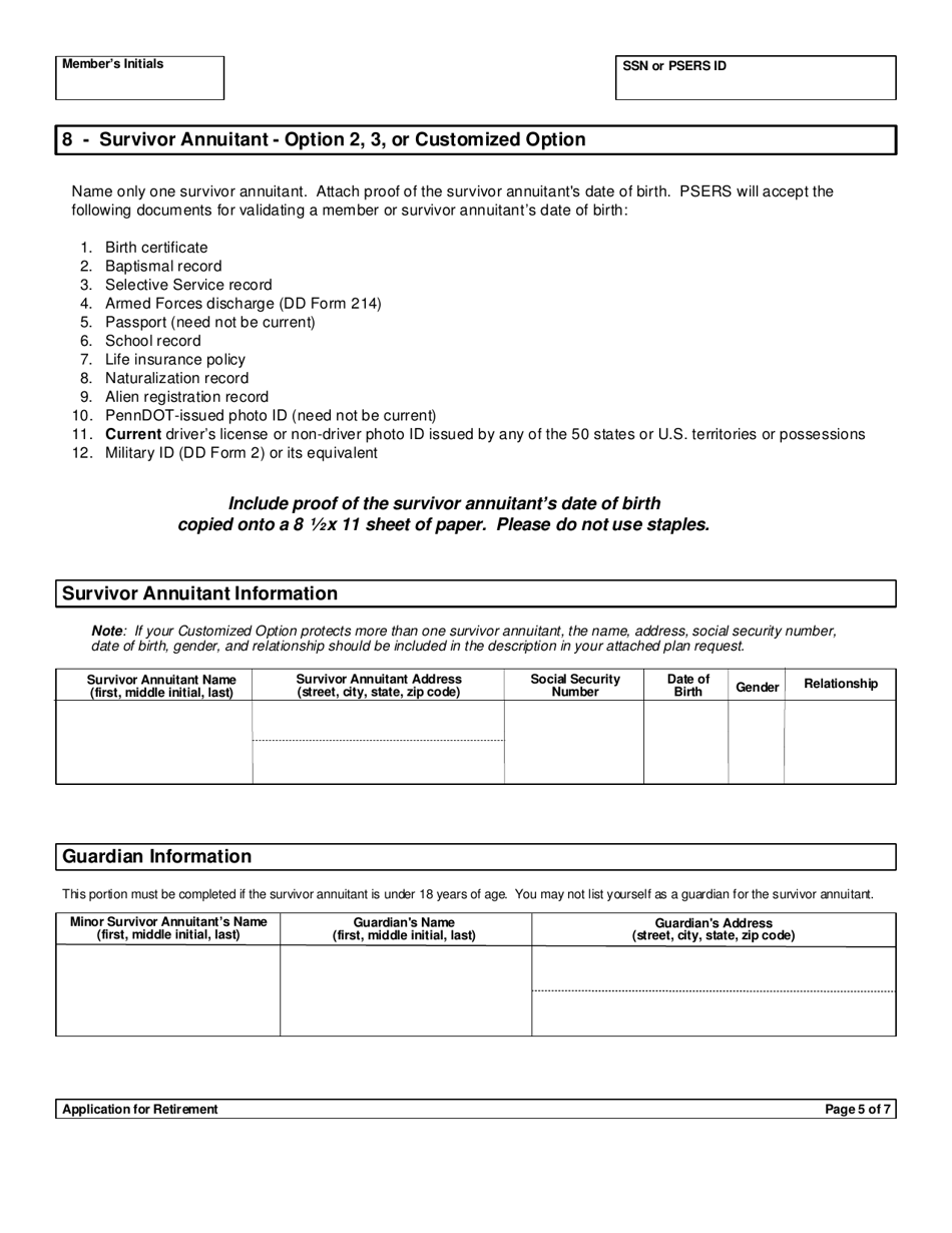 Form PSRS-8 Application for Retirement - Pennsylvania, Page 7