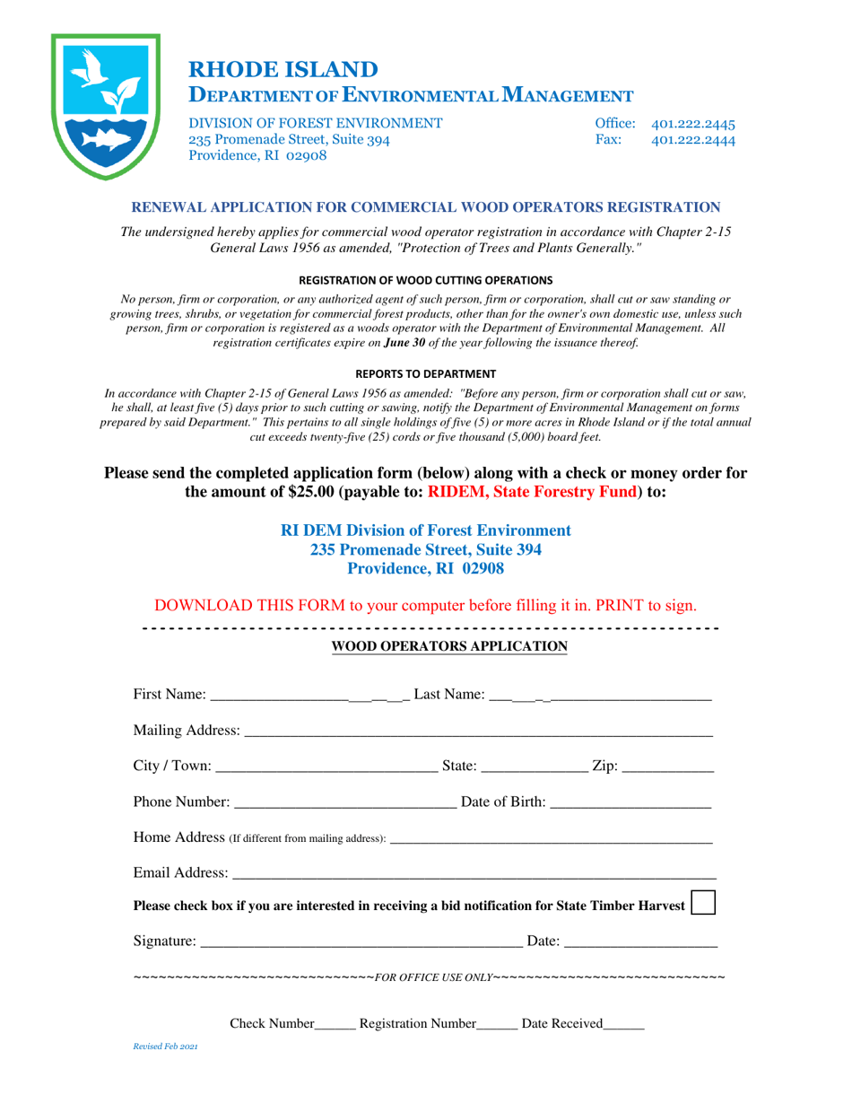 Renewal Application for Commercial Wood Operators Registration - Rhode Island, Page 1