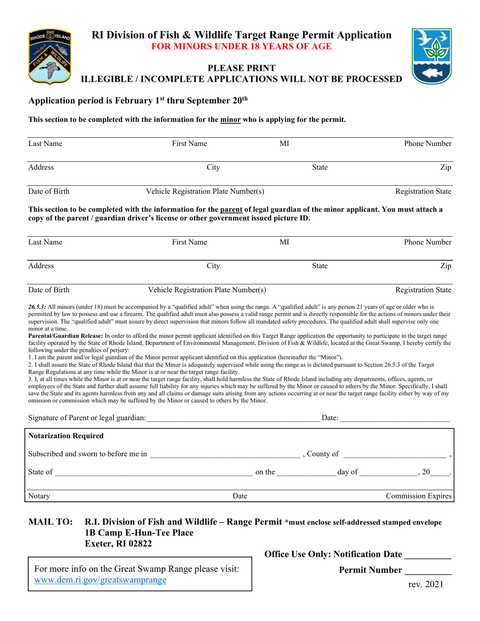 Application for Target Range - Minor - Rhode Island, Page 1