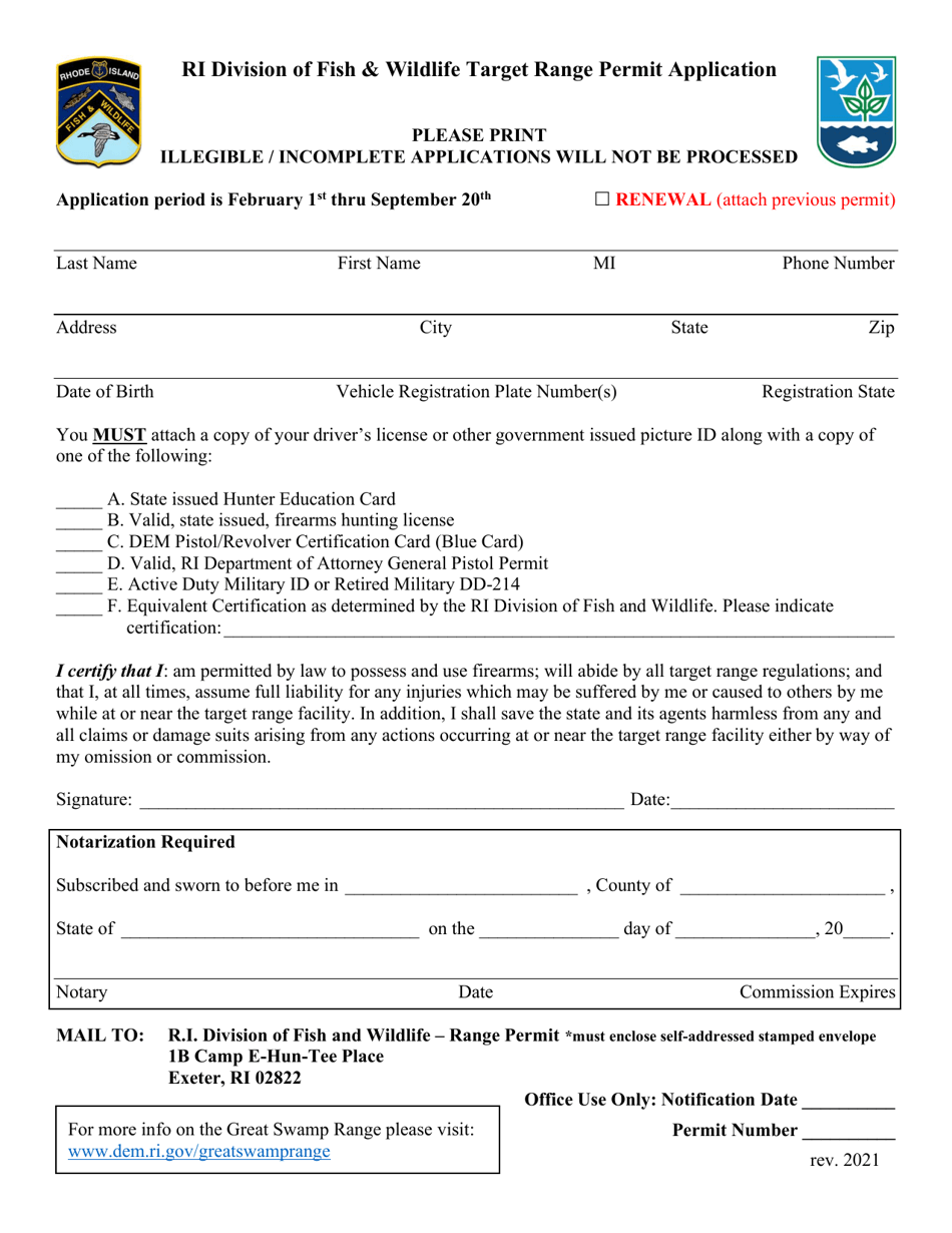 Application for Target Range - Adult - Rhode Island, Page 1