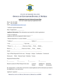 Application Form for Preferred License Plate - Rhode Island