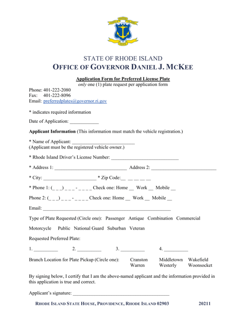 Application Form for Preferred License Plate - Rhode Island Download Pdf