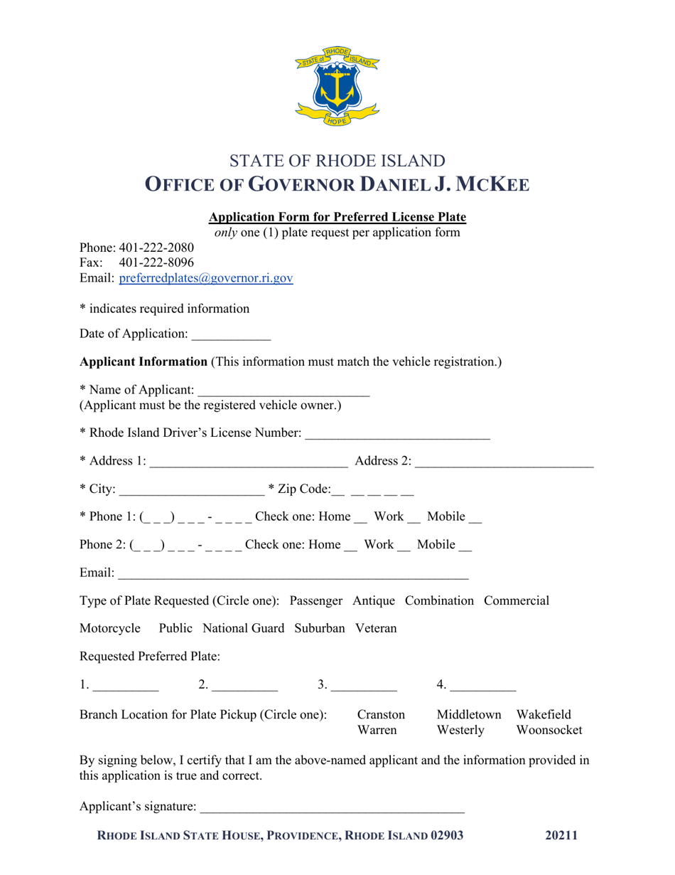 Application Form for Preferred License Plate - Rhode Island, Page 1