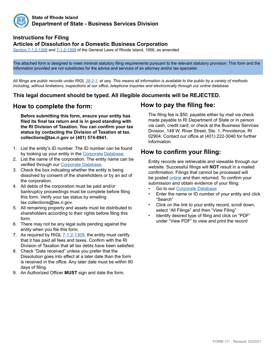 Form 111 Download Fillable PDF or Fill Online Articles of Dissolution