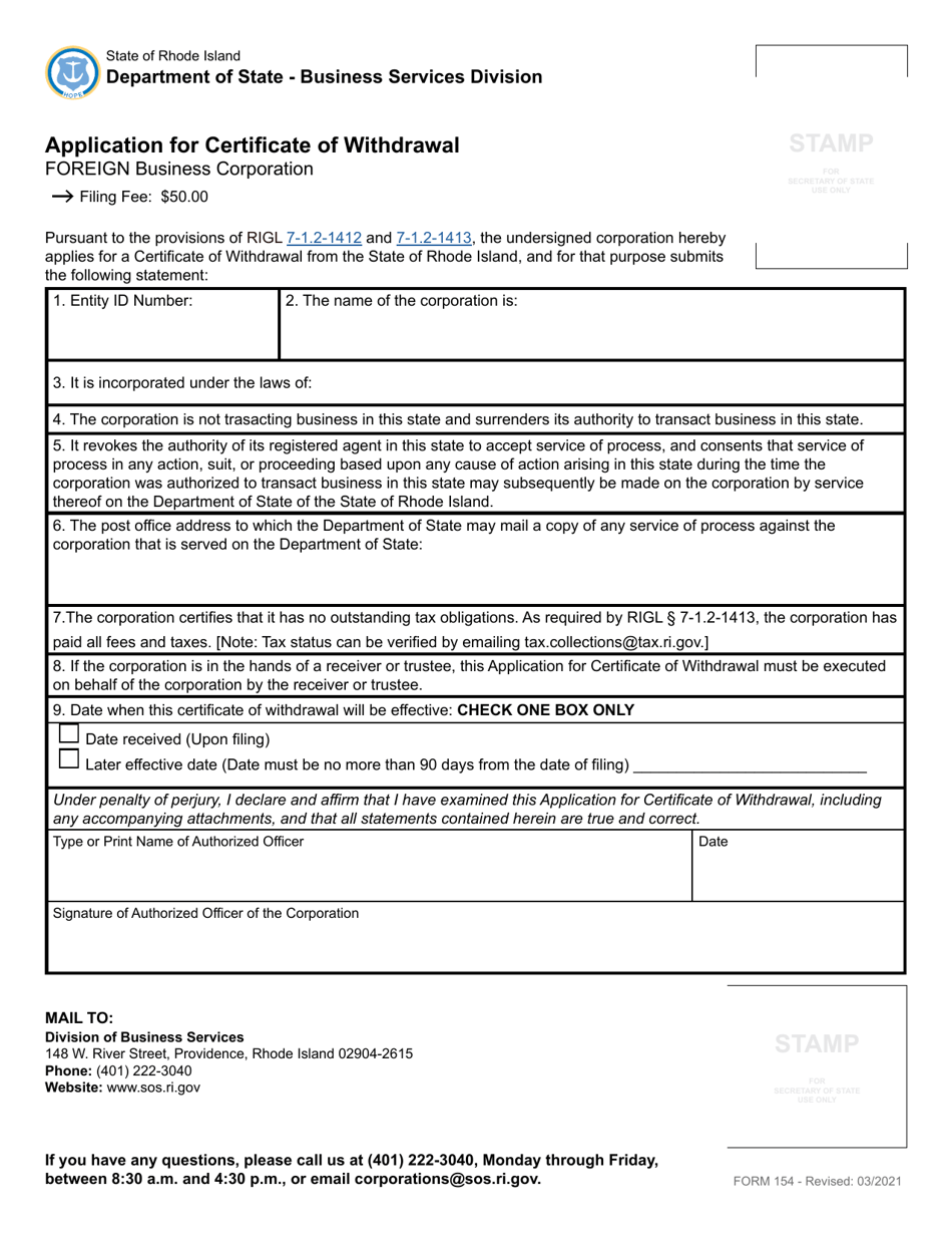 Form 154 Download Fillable PDF or Fill Online Application for ...