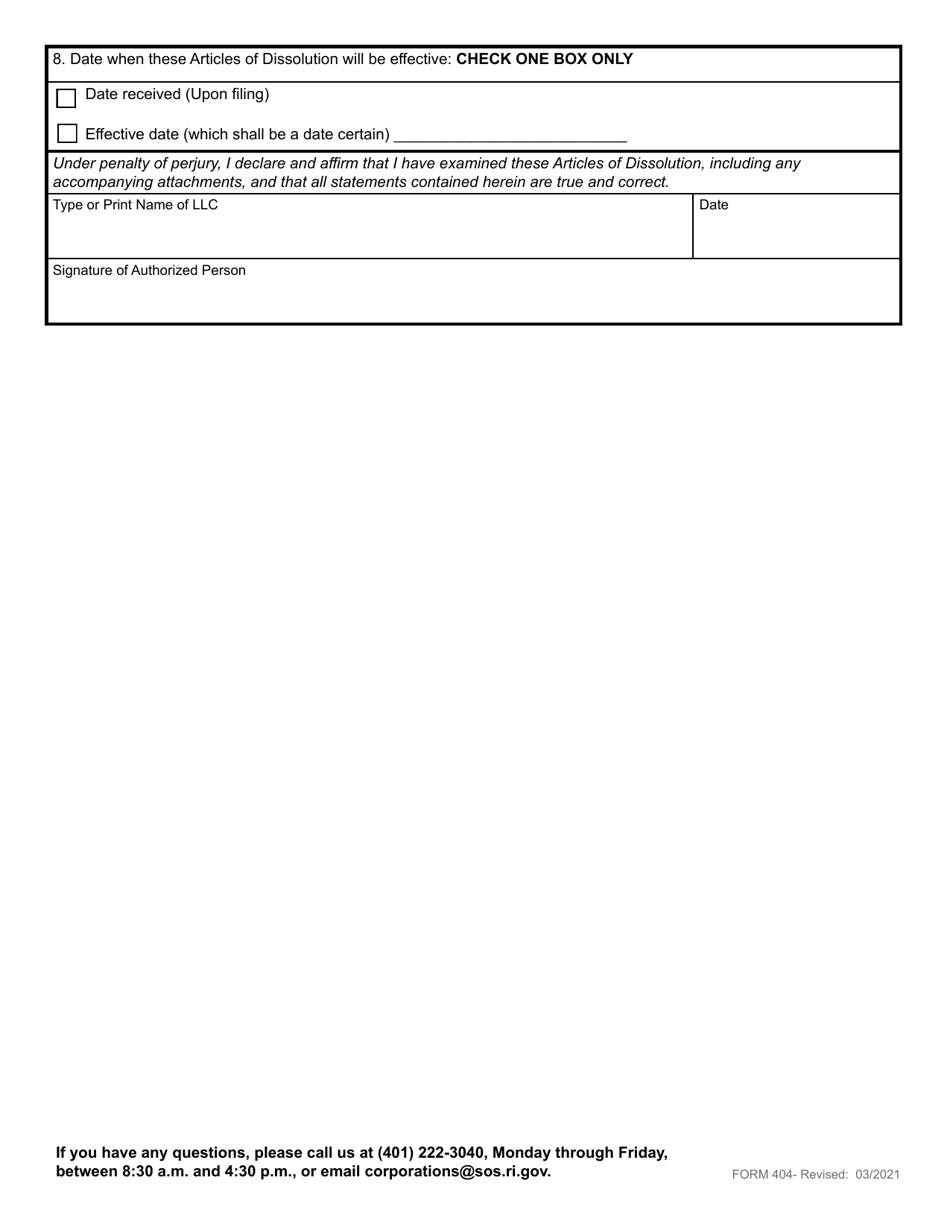 Form 404 Articles of Dissolution for a Domestic Limited Liability Company - Rhode Island, Page 3