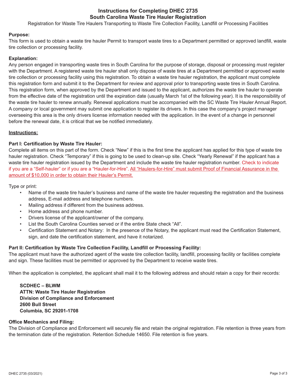 DHEC Form 2735 Application for South Carolina Waste Tire Hauler Registration - South Carolina, Page 3