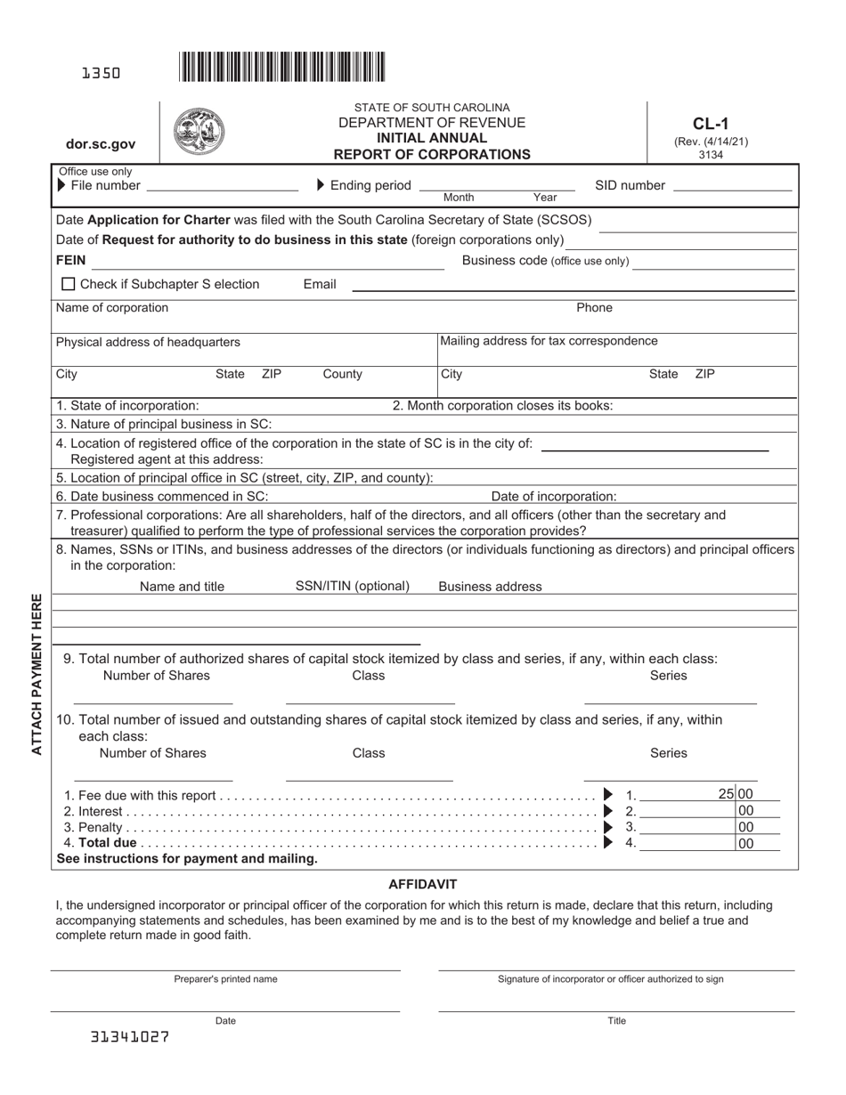 Form CL-1 Initial Annual Report of Corporations - South Carolina, Page 1
