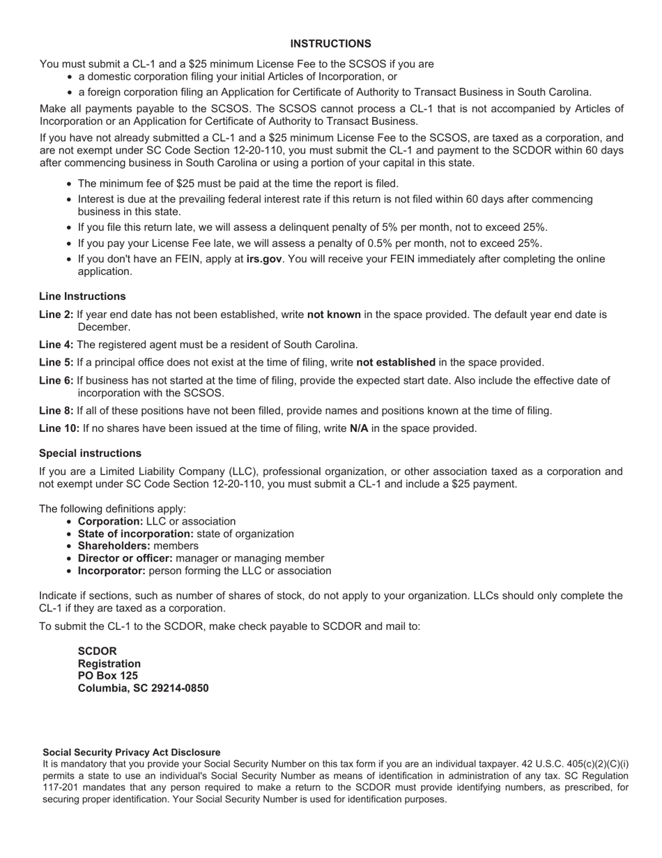 Form CL-1 Initial Annual Report of Corporations - South Carolina, Page 2