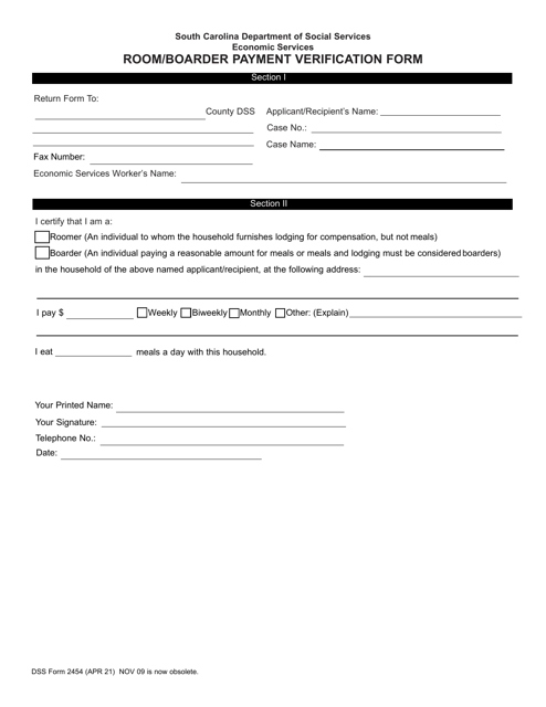 DSS Form 2454 Room/Boarder Payment Verification Form - South Carolina