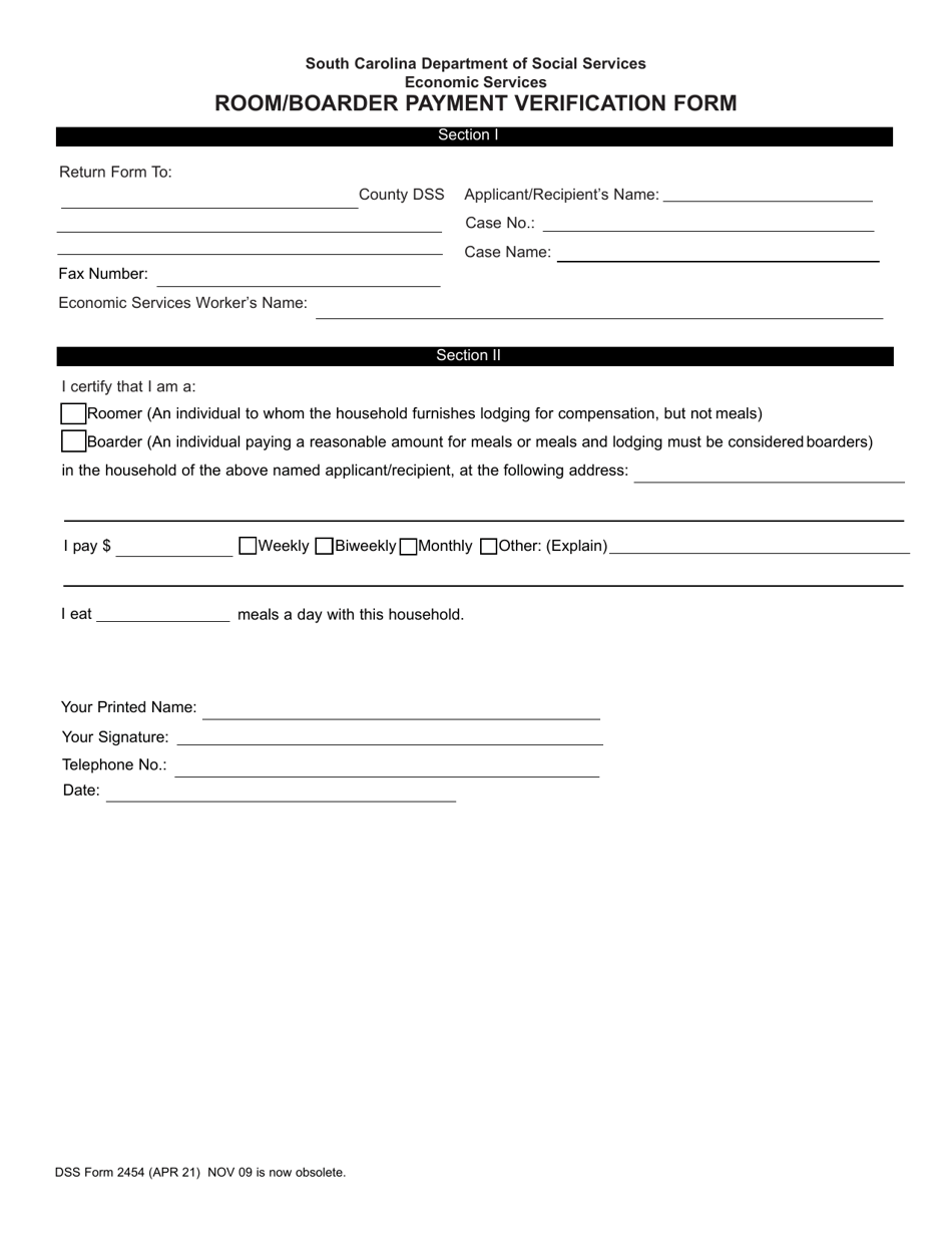 DSS Form 2454 Room / Boarder Payment Verification Form - South Carolina, Page 1