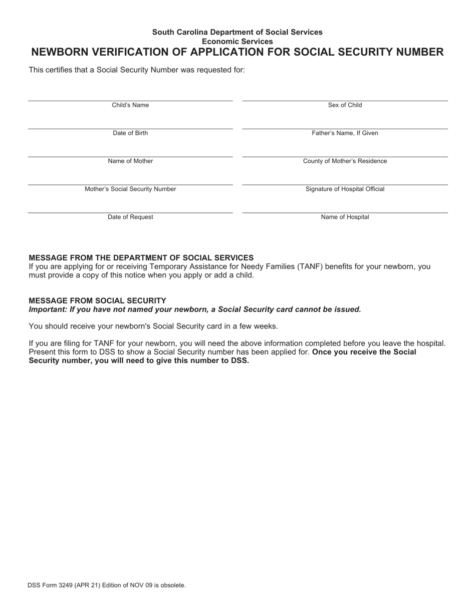 DSS Form 3249 Newborn Verification of Application for Social Security Number - South Carolina, Page 1