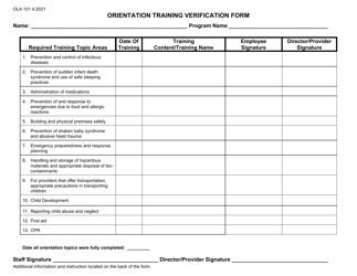 Document preview: Form OLA101 Orientation Training Verification Form - South Dakota
