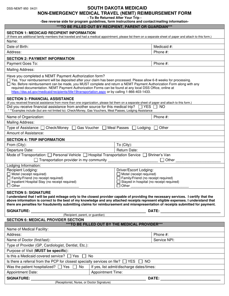 Form DSS-NEMT-950 Non-emergency Medical Travel (Nemt) Reimbursement Form - South Dakota, Page 1