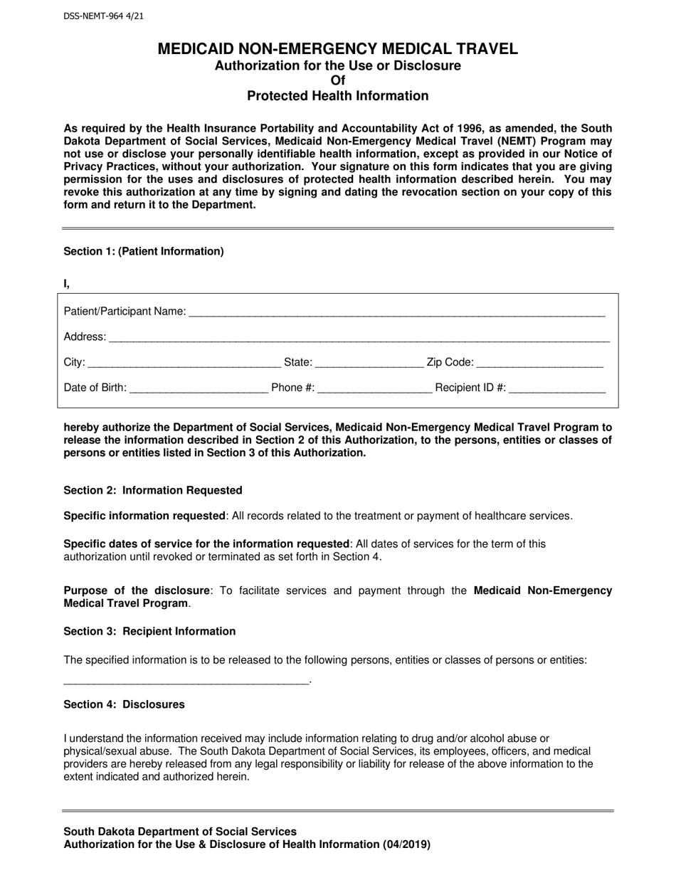 Form DSS-NEMT-964 Medicaid Non-emergency Medical Travel Authorization for the Use or Disclosure of Protected Health Information - South Dakota, Page 1