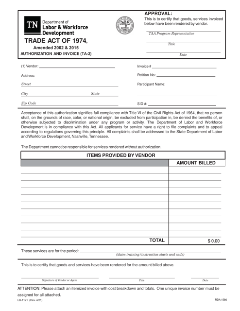 Form LB-1121 Authorization and Invoice - Tennessee