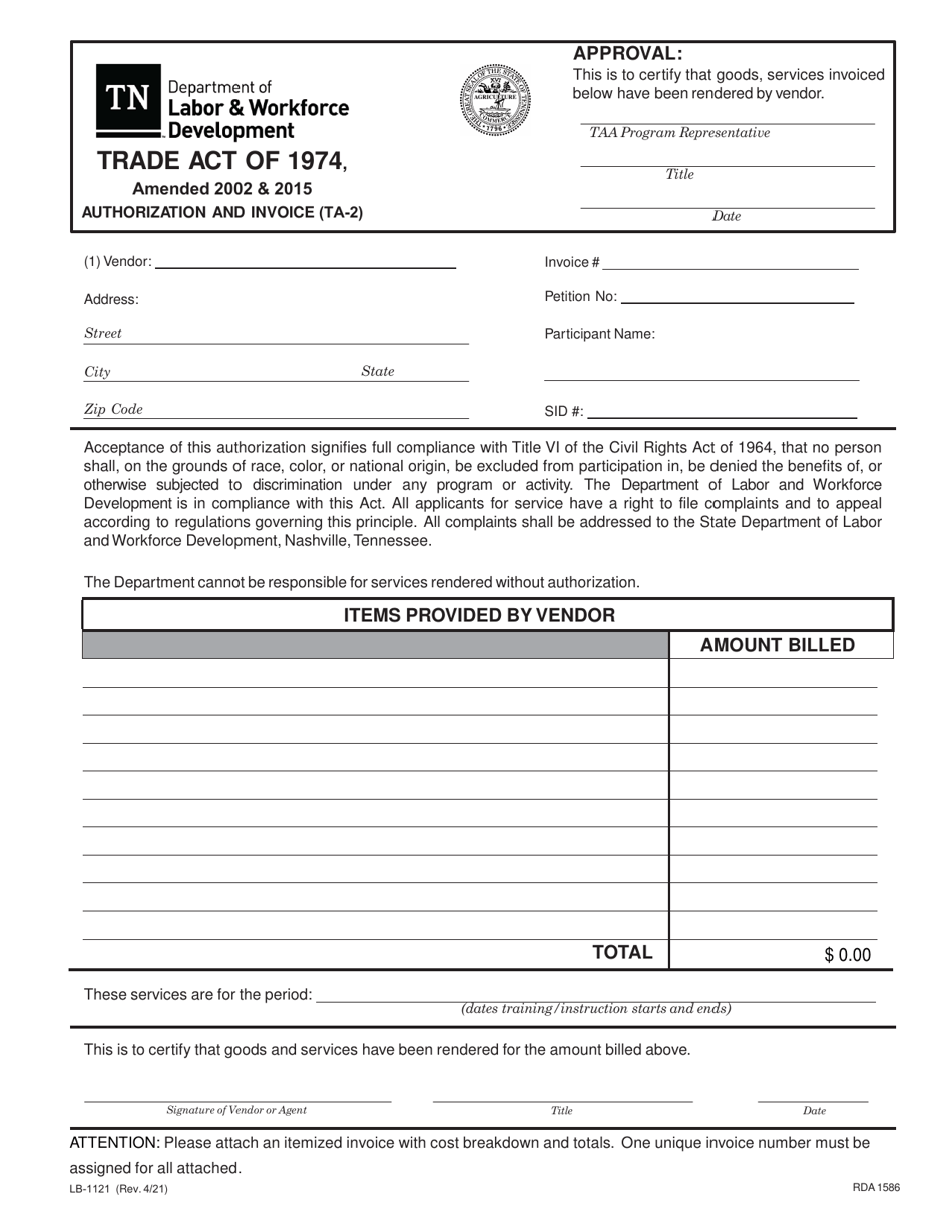 Form LB-1121 Authorization and Invoice - Tennessee, Page 1