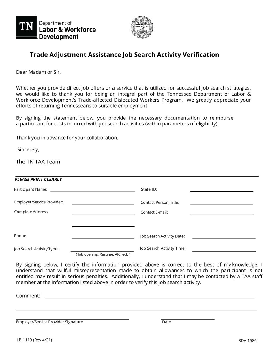 Form LB-1119 Trade Adjustment Assistance Job Search Activity Verification - Tennessee, Page 1